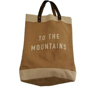 Canvas and jute burlap tote Faux Leather Straps says To The Mountains Bag